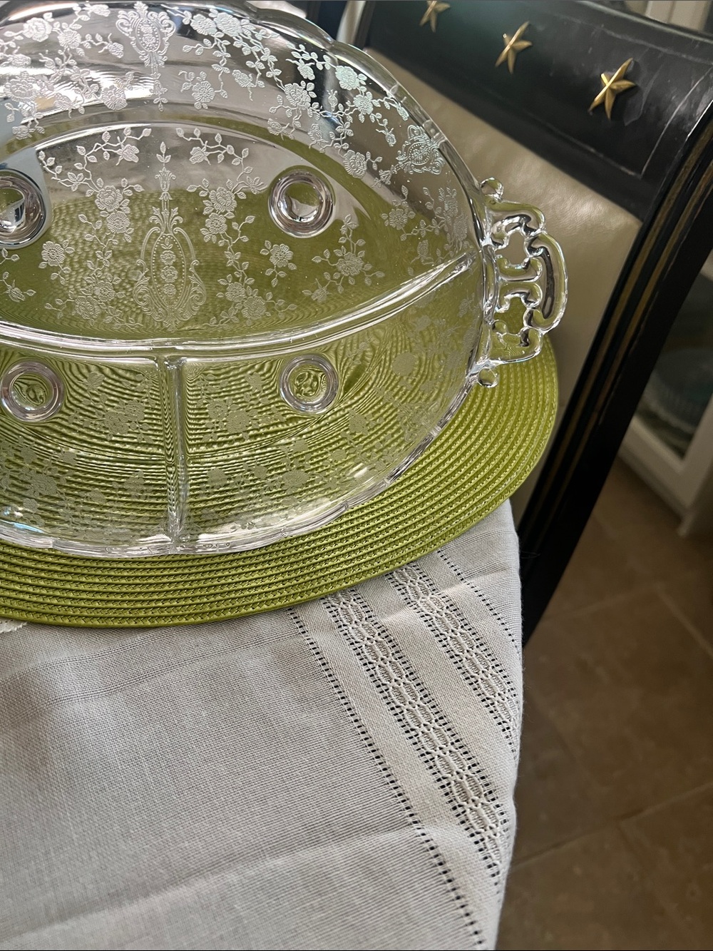 Cambridge Clear GlassDivided Serving Platter with Floral Etching and Handles